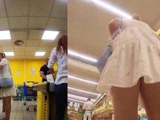 Upskirting white thong In The Supermarket