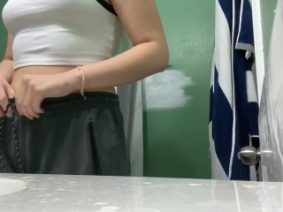Teen in bathroom before and after shower