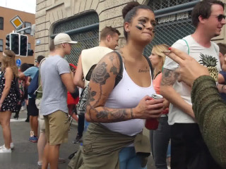 Chubby chick braless dancing