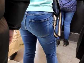 Lady in jeans ass touched