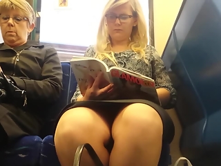 Woman reading a book in train upskirted