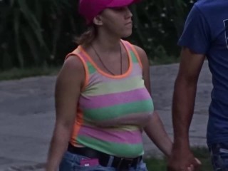 Big boobs braless in street