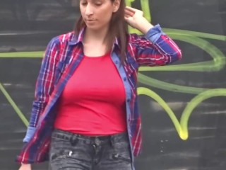 Red tight top bouncing boobs
