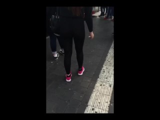 Teen walking in street see through leggins