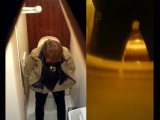 Old woman pees in public toilet